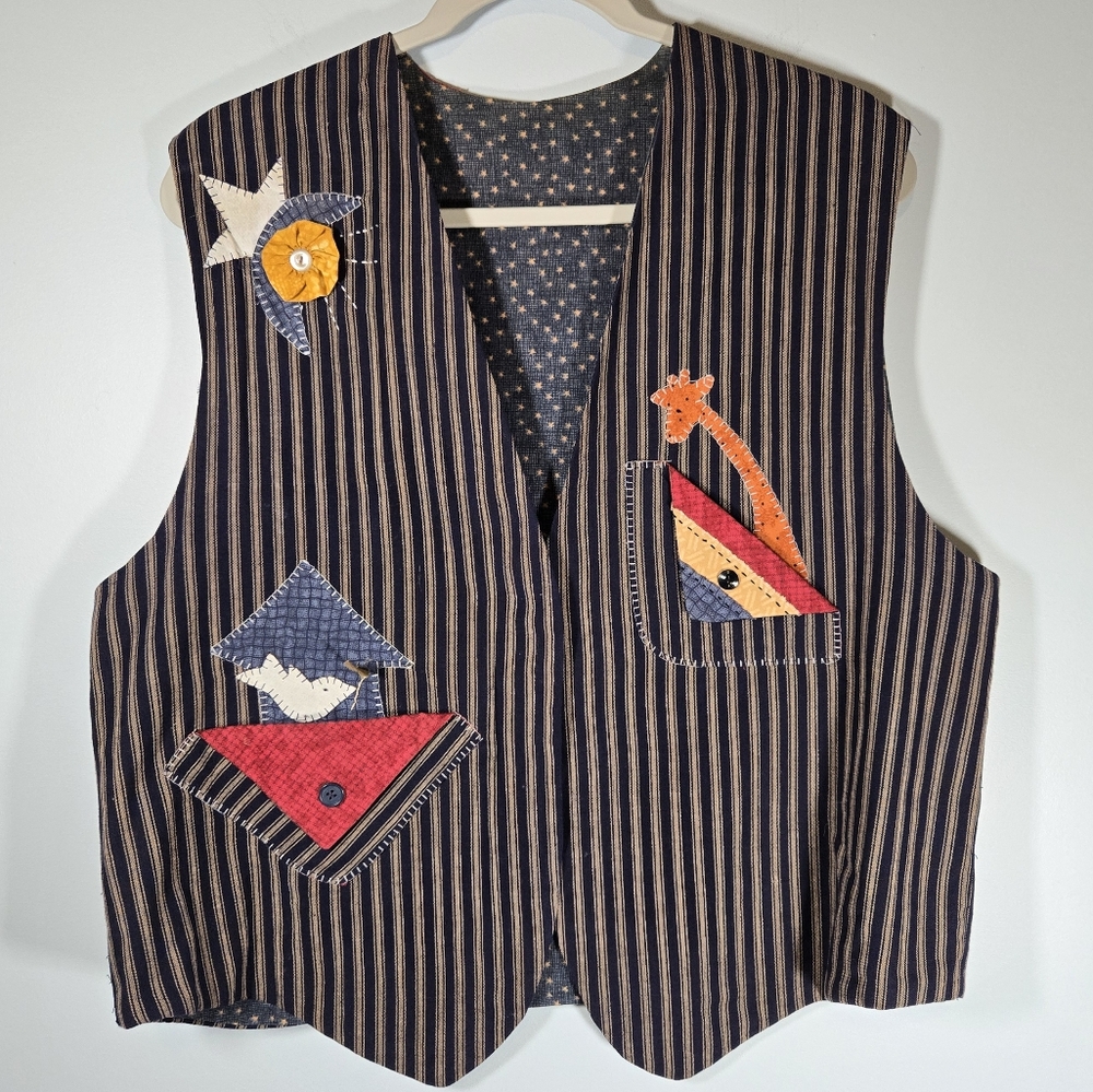 Handmade Patchwork Animal Vest Folk Art Style M/L Noah's Ark Vest